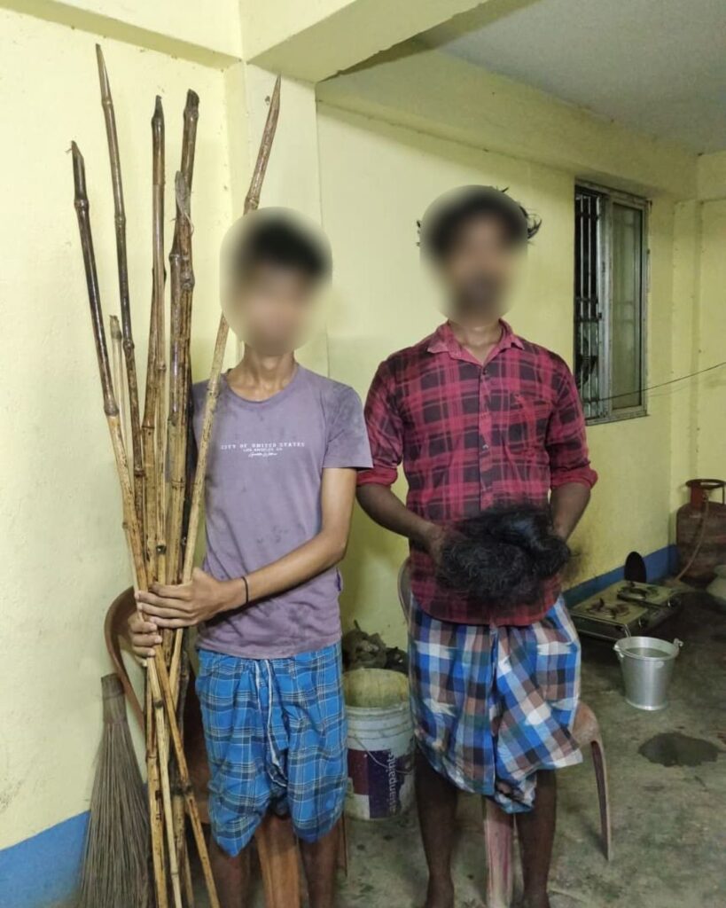 The bird poachers at the Forest Department office with their illegal mist nets used for catching bogari birds